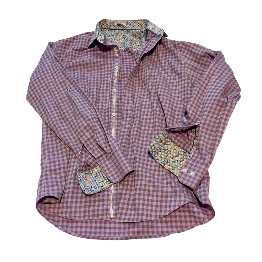 Bugatchi Purple Check Long Sleeve Button Up Shirt Large Luxury Modern Fit